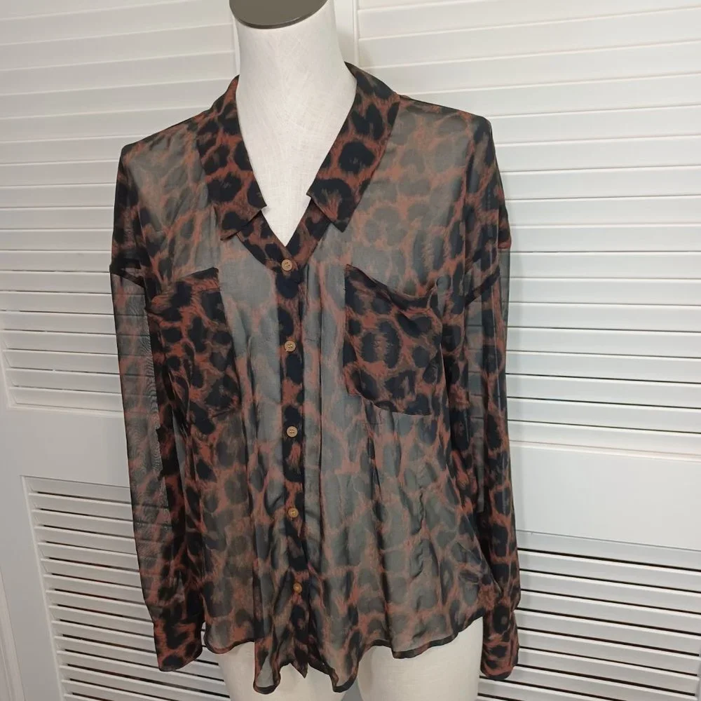 Free People Blouse Easy Rider Black Brown Leopard Print Chiffon Shirt Size Small